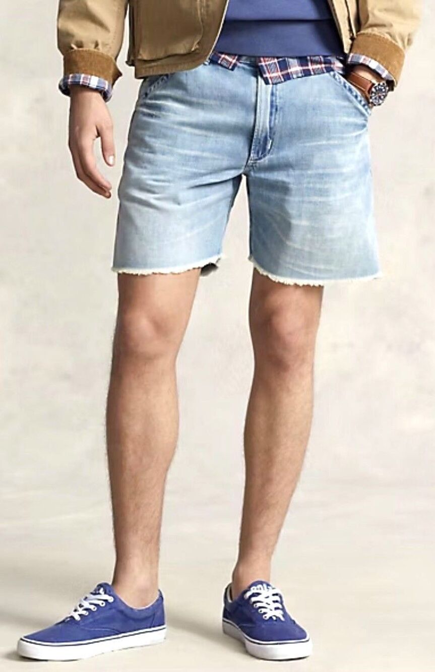 Polo Ralph Lauren Mens Carpenter Denim Shorts 30 Light Wash Relaxed Fit Raw Hem